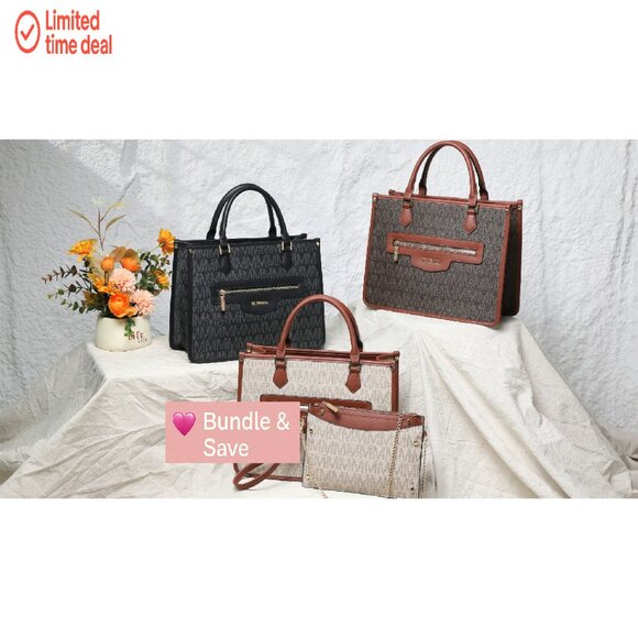 Medium Tote Bag with Wristlet Set, Vegan Leather, Monogram Design - Picture 8 of 8